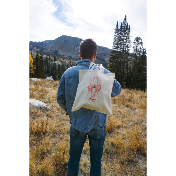 Hand Embroidered Pink Red Lobster Canvas Tote Bag - Picture 1 of 4